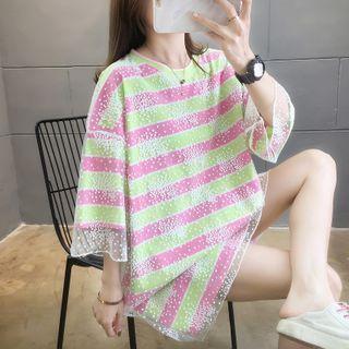 Mesh Panel Striped 3/4-sleeve Mini T-shirt Dress