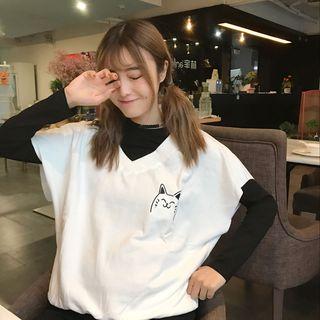 Cat Embroidered Color Panel Long Sleeve T-shirt