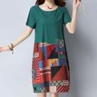 Short-sleeve Print Panel Shift Dress