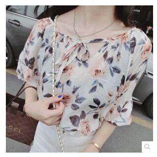 3/4-sleeve Print Chiffon Top