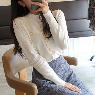 Petite Size Faux-pearl Buttoned Slim Cardigan