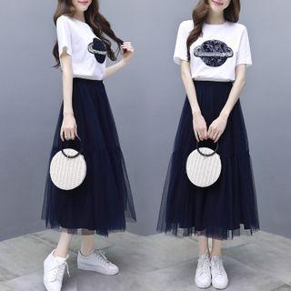 Set: Short-sleeve Sequined Planet T-shirt + Mesh A-line Midi Skirt