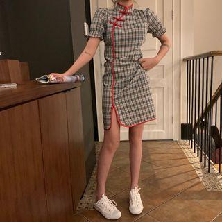 Traditional Chinese Short-sleeve Plaid Mini Dress