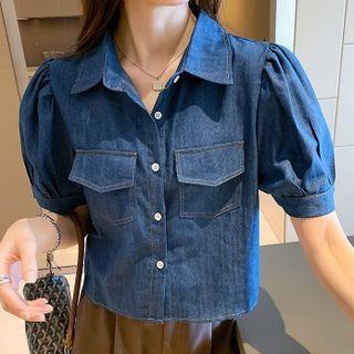 Puff-sleeve Denim Top Dark Blue - One Size