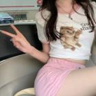 Two-tone Cat Print Cropped Top + Mini Skirt