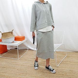 Set: Layered-hem Hooded Top + Drawstring-waist Skirt
