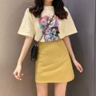 Set: Clown Print Short-sleeve T-shirt + High-waist Mini A-line Skirt