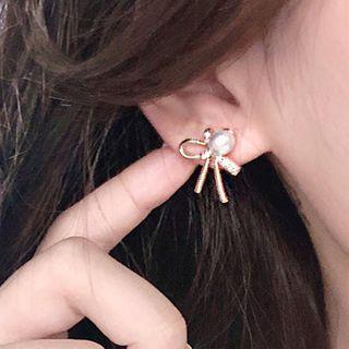 Faux Pearl Heart Earring 1 Pair - Ac1217 - Bow - Gold - One Size