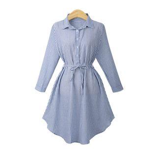 Pinstripe Tie-waist Long-sleeve Shirt Dress