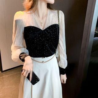 Puff-sleeve Paneled Rhinestone Blouse