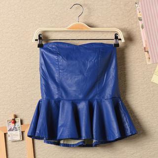 Faux-leather Ruffled-hem Tube Top Blue - One Size
