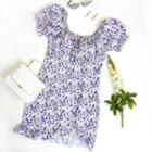 Puff-sleeve Floral Print Ruched Ruffle Trim Mini Dress