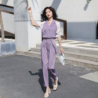Set: Short-sleeve Two-tone Blouse + Cropped Straight Leg Pants