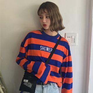 Long-sleeved Color-block Lettering Loose-fit Crewneck Striped Sheath T-shirt