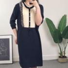 3/4-sleeve Two-tone Lace Trim Knit Dress