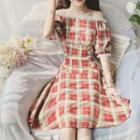 Elbow-sleeve Off-shoulder Plaid Midi A-line Dress