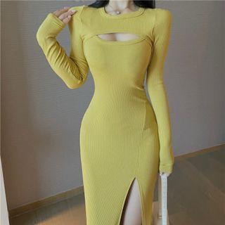 Mock Two-piece Cutout Slit Midi Bodycon Dress