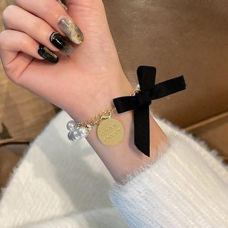 Ribbon Alloy Disc Faux Pearl Bracelet Bracelet - Black Bow - Gold - One Size