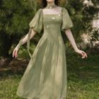 Set: Puff-sleeve Floral Midi A-line Dress + Sash