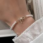 Bow Rhinestone Faux Pearl Bracelet Gold - One Size