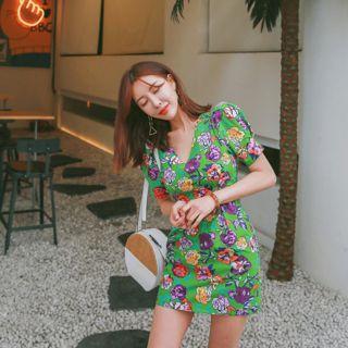 Plunge-neck Floral Mini Sheath Dress