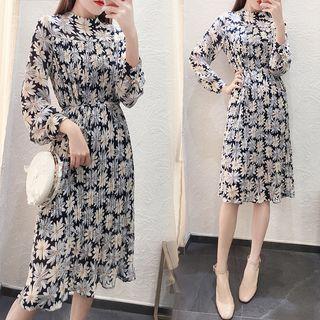 Long-sleeve Floral Midi Accordion Pleat Dress