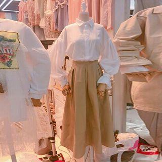 Plain Lantern-sleeve Shirt / Midi A-line Skirt / Set