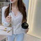 Long-sleeve V-neck Lace Trim Top White - One Size