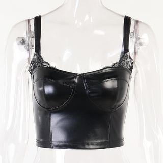 Cropped Lace Trim Faux Leather Camisole Top