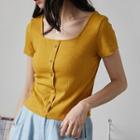 Short-sleeve Scoop-neck Button-up Knit Top