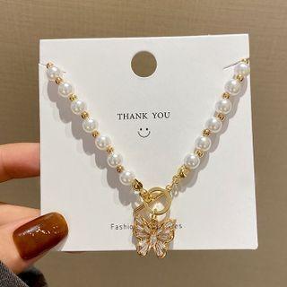 Butterfly Rhinestone Pendant Faux Pearl Necklace X295 - White & Gold - One Size