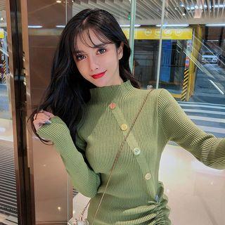 Mock Neck Long-sleeve Asymmetric Button Knit Top