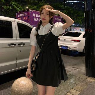 Mock Two-piece Puff-sleeve Accordion Pleat Dress Black - One Size