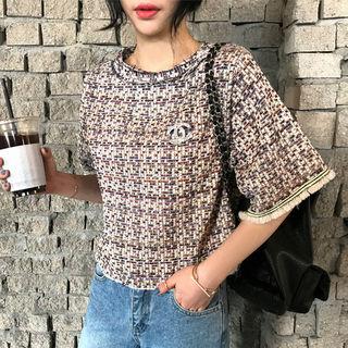 Elbow-sleeve Tweed Top