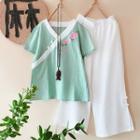 Traditional Chinese Short-sleeve Contrast Trim Frog Buttoned Embroidered Top / Wide-leg Pants