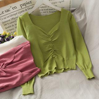 Deep V-neck Ruched Light Knit Top