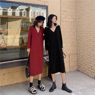 V-neck Button Midi Dress