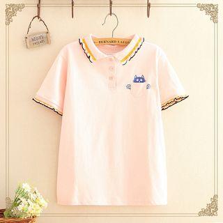 Pocket-front Cat Embroidered Lapel Short-sleeve Top