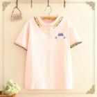 Pocket-front Cat Embroidered Lapel Short-sleeve Top