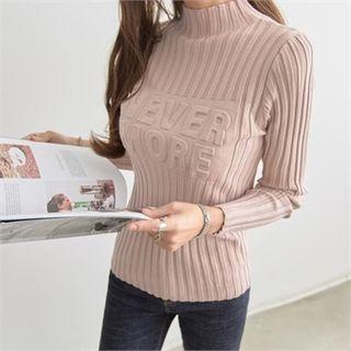 Mock-neck Embossed-lettering Knit Top
