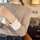 Lace Trim Long-sleeve Mock Neck T-shirt