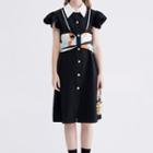 Short-sleeve Mock Two-piece Faux Pearl Shirt Dress