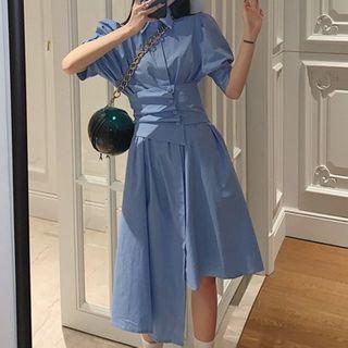 Short-sleeve Asymmetric Midi A-line Shirtdress