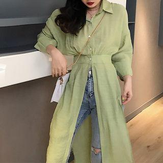 Slited Long-sleeve Long Shirt