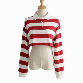 Color Block Long-sleeve Crop Polo Shirt