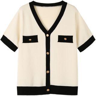Contrast Trim V-neck Short-sleeve Knit Cardigan