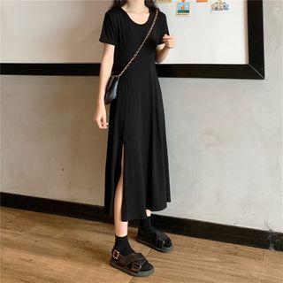 Plain Short-sleeve Slit Midi A-line Dress