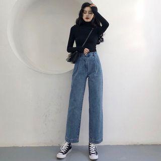 Long-sleeve Plaid Blazer / High-neck Plain Knit Top + High-waist Wide-leg Jeans