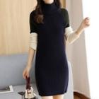 Color Block Mock Neck Mini Sweater Dress Navy Blue - One Size