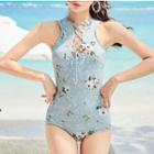 Flower Print Lace-up Swimsuit